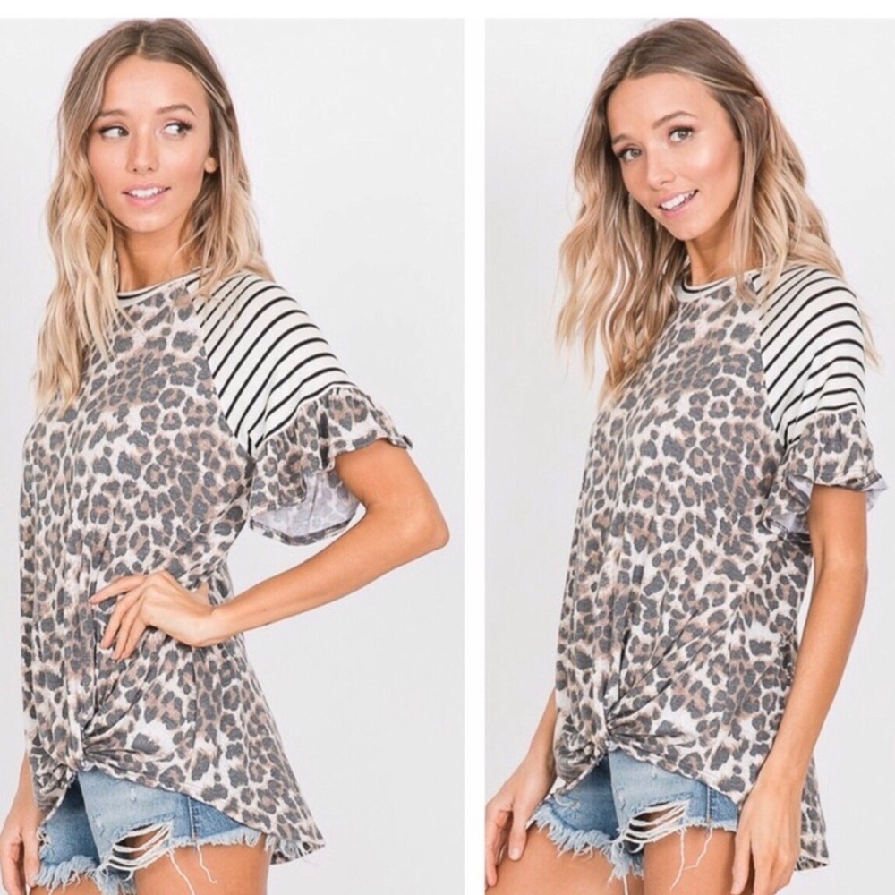 Last! Contrast Animal Print Ruffle Sleeve Top - Picture 4 of 4